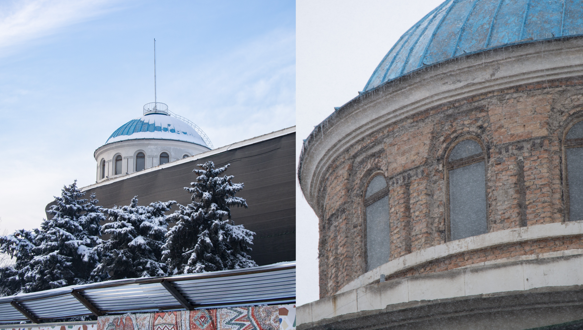 Купол акимата Алмалинского района Алматы. Коллаж для сравнения: снимок слева от 19 января 2026 года, справа — от 26 февраля 2026 года. Фото: ©️ Tengrinews.kz / Никита Данили